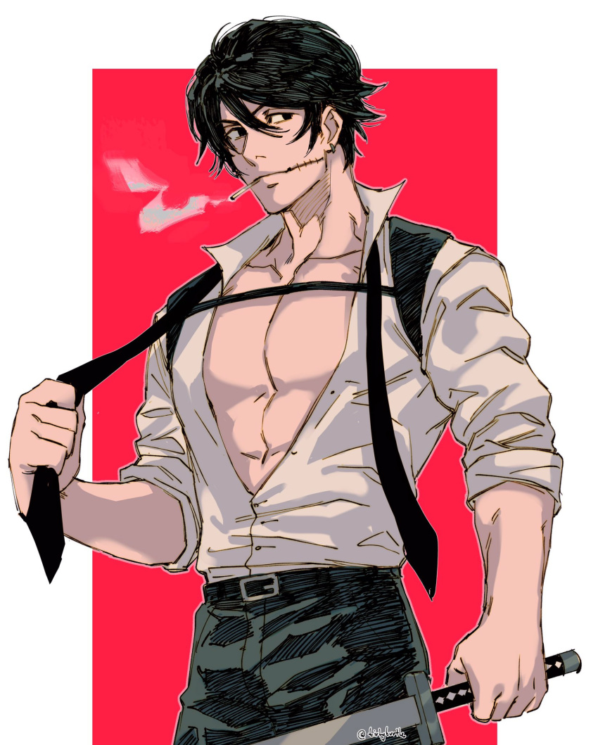 1boy black_hair black_necktie chainsaw_man chest_belt cigarette collared_shirt ear_piercing hair_between_eyes highres holding holding_sword holding_weapon katana kishibe_(chainsaw_man) kishibe_(young)_(chainsaw_man) looking_to_the_side male_focus muscular muscular_male necktie partially_unbuttoned pectorals piercing popped_collar scar shirt shirt_tucked_in short_hair sleeves_rolled_up smoke smoking solo stitched_face stitched_mouth stitches sword tirtyturtle two-tone_background undone_necktie weapon white_shirt