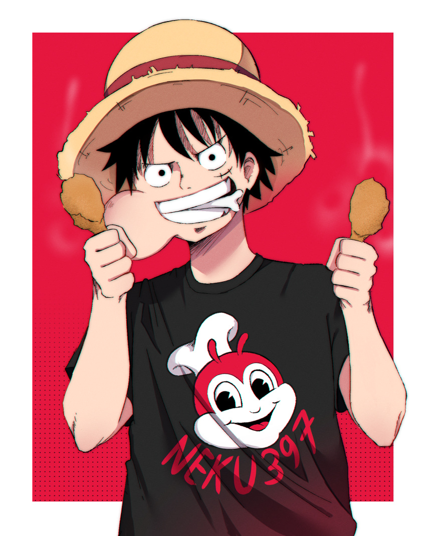 1boy alternate_costume bird border chicken chicken_(food) chicken_leg commentary eating food happy hat highres jollibee jollibee_(mascot) looking_at_viewer male_focus monkey_d._luffy neku397 one_piece open_mouth self-upload smile steam_from_mouth straw_hat white_border