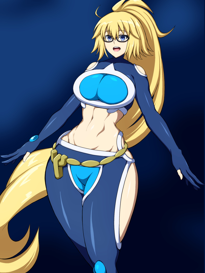 absurdres black-framed_eyewear blonde_hair blue_eyes braid breasts cosplay crop_top fate/grand_order fate_(series) female fingerless_gloves gloves highres jeanne_d'arc_(fate) jeanne_d'arc_(swimsuit_archer)_(fate) ko_ban98 large_breasts long_braid long_hair midriff pokemon pokemon_oras shelly_(pokemon) shelly_(pokemon)_(cosplay) single_braid solo team_aqua team_aqua_uniform