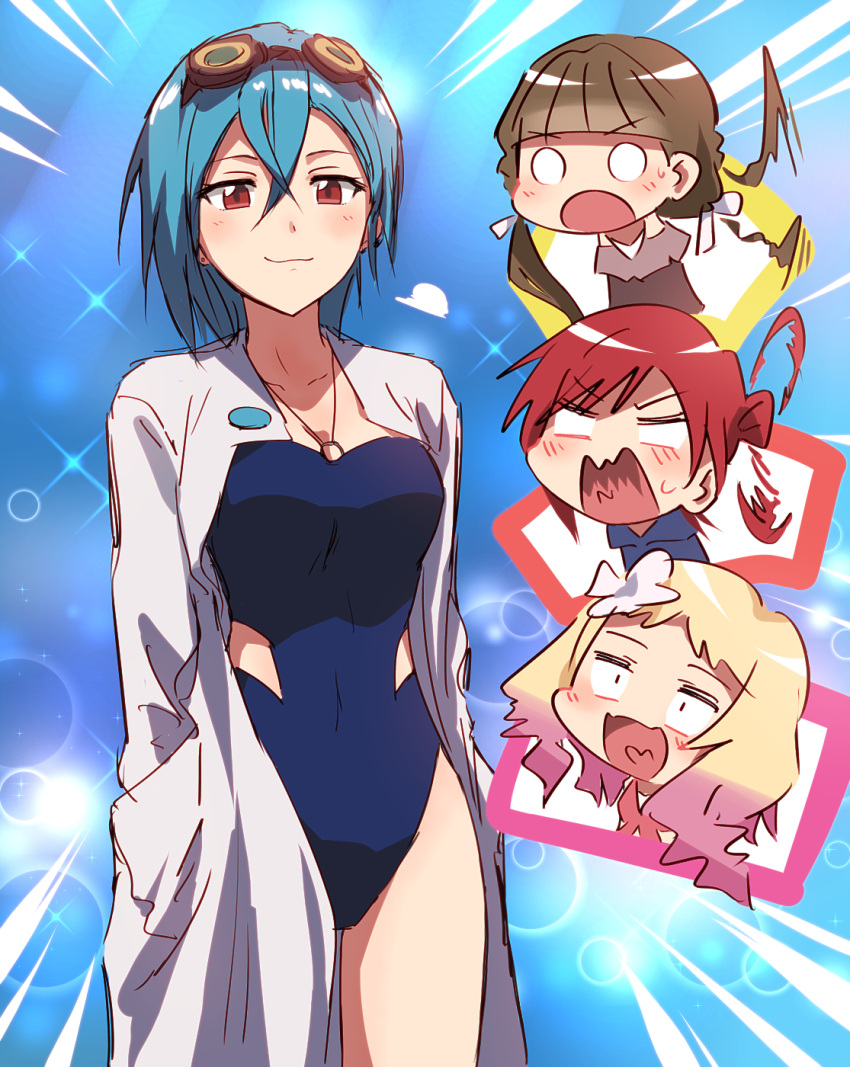 4girls bad_id bad_twitter_id blank_eyes blonde_hair blue_hair blue_one-piece_swimsuit blush breasts brown_hair bullfalk casual_one-piece_swimsuit check_commentary chibi closed_mouth clothing_cutout coat commentary_request cosplay covered_navel emphasis_lines expressive_hair eyewear_on_head fangs gradient_hair hair_between_eyes hair_bun hair_ribbon highleg highleg_swimsuit highres jewelry lab_coat looking_at_viewer love_live! love_live!_superstar!! low_twintails medium_breasts multicolored_hair multiple_girls necklace o_o one-piece_swimsuit onitsuka_natsumi open_clothes open_coat open_mouth panicking philena_ivy philena_ivy_(cosplay) pink_hair pokemon pokemon_(anime) pokemon_(classic_anime) red_eyes ribbon ring ring_necklace sakurakoji_kinako sanpaku short_hair shouting side_cutout single_side_bun skin_fangs smug solo_focus sparkle standing strapless strapless_one-piece_swimsuit surprised swimsuit swimsuit_under_clothes twintails upper_body v-shaped_eyebrows wakana_shiki wavy_mouth white_coat white_ribbon yoneme_mei