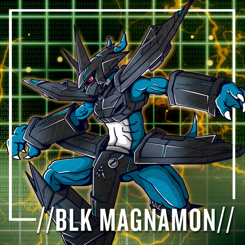 1:1 3_fingers absurd_res ambiguous_gender animal_humanoid anthro armor bandai_namco black_armor blue_body digimon digimon_(species) dragon dragon_humanoid english_text exposed_belly fan_character fingers hi_res humanoid kneeling lizard_tail looking_away magnamon magnamon_(black) mask muscular muscular_anthro mythological_creature mythological_scalie mythology red_eyes scalie sketchworksu_(artist) solo text white_body