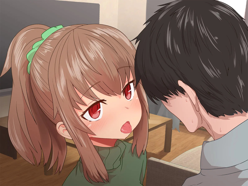 1boy black_hair blush brown_hair chair female green_scrunchie green_sweater grey_shirt hair_ornament hair_scrunchie high_ponytail highres indoors looking_at_another manaka_(sumiyao) original ponytail red_eyes scrunchie shirt short_hair sidelocks sumiyao_(amam) sweat sweater table tongue tongue_out turtleneck turtleneck_sweater upper_body wide_ponytail