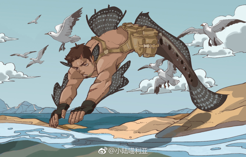 1boy backpack bag bara bird brown_hair cloud completely_nude dark-skinned_male dark_skin facial_hair fins full_body goatee head_fins highres long_sideburns male_focus mature_male merman monster_boy muscular muscular_male nude original outdoors pigeon sand scar scar_on_face scar_on_forehead short_hair sideburns solo water xiaolumiaoliya