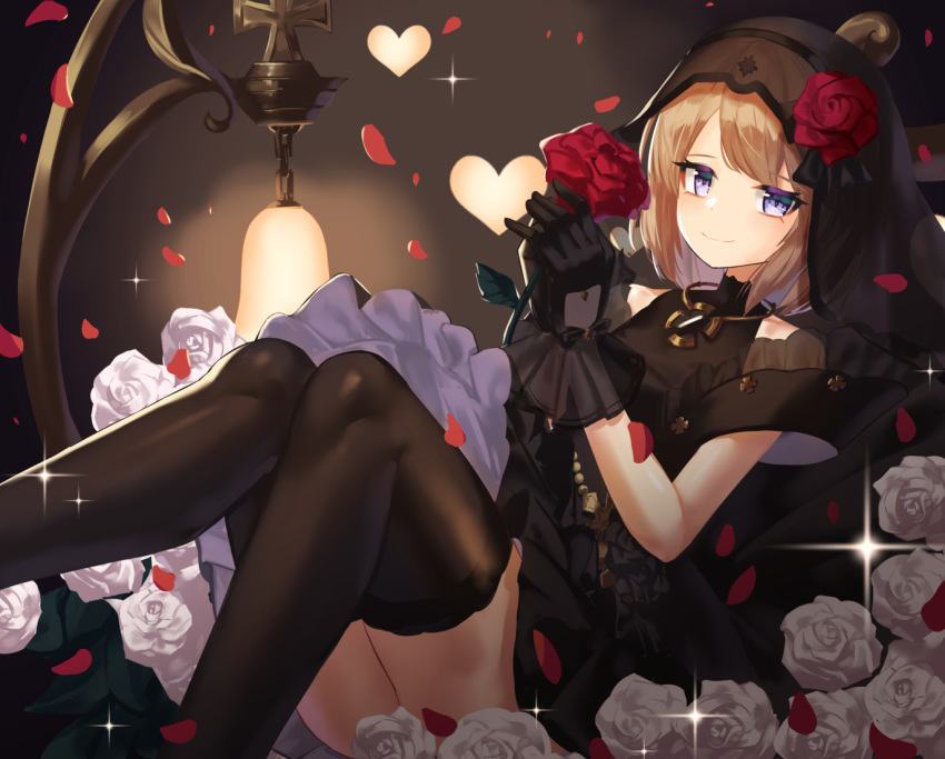 azur_lane bare_shoulders black_dress black_gloves black_thighhighs blue_eyes blush breasts bridal_veil commentary cross dress female flower frilled_dress frills gloves holding holding_flower iron_cross jewelry lantern light_brown_hair looking_at_viewer moroes necklace official_alternate_costume rose short_hair sidelocks sitting sleeveless sleeveless_dress smile solo sparkle thighhighs turtleneck turtleneck_dress veil wedding_dress white_flower white_rose z23_(azur_lane) z23_(schwarze_hochzeit)_(azur_lane) zettai_ryouiki