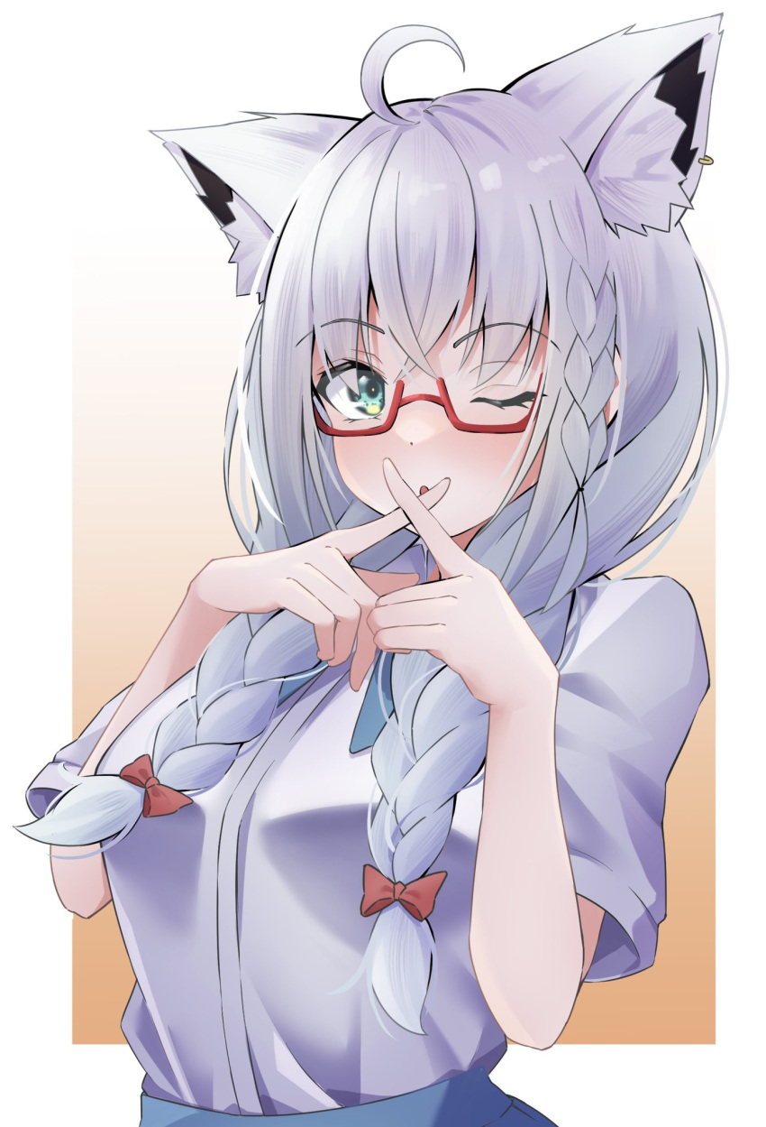 ahoge alternate_costume animal_ear_fluff animal_ears blue_skirt blush border braid commentary_request extra_ears female fox_ears fox_girl glasses gradient_background green_eyes hair_between_eyes hair_ribbon highres hololive long_hair looking_at_viewer one_eye_closed open_mouth red_ribbon ribbon rururaroru shirakami_fubuki shirt short_sleeves sidelocks single_braid skirt solo twin_braids virtual_youtuber white_hair white_shirt x_fingers