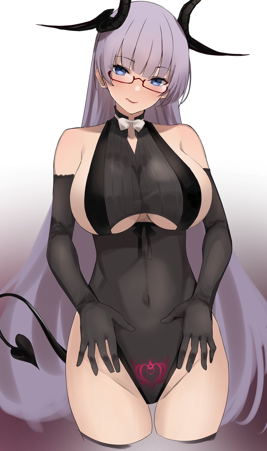 :p azur_lane bad_id bad_twitter_id bare_shoulders black_gloves black_leotard blue_eyes blush breasts cleavage clothing_cutout collarbone commentary covered_navel demon_horns demon_tail elbow_gloves female glasses gloves glowing_tattoo gneisenau_(azur_lane) gneisenau_(nightmarish_succubus)_(azur_lane) halloween_costume head_tilt highres horns large_breasts leotard long_hair looking_at_viewer official_alternate_costume pubic_tattoo purple_hair rectangular_eyewear red-framed_eyewear rrr_ato see-through semi-rimless_eyewear simple_background skindentation solo standing tail tattoo tongue tongue_out under-rim_eyewear underboob underboob_cutout very_long_hair white_background