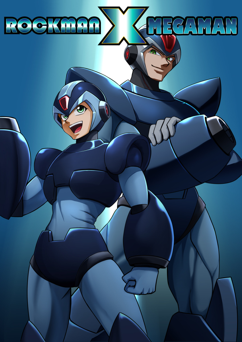 2boys android arm_cannon armor blue_gloves commentary_request dual_persona gloves great_(cyclops) green_eyes height_difference helmet highres male_focus mega_man_(ruby-spears) mega_man_(series) mega_man_x_(series) multiple_boys open_mouth robot smile weapon white_gloves x_(mega_man)