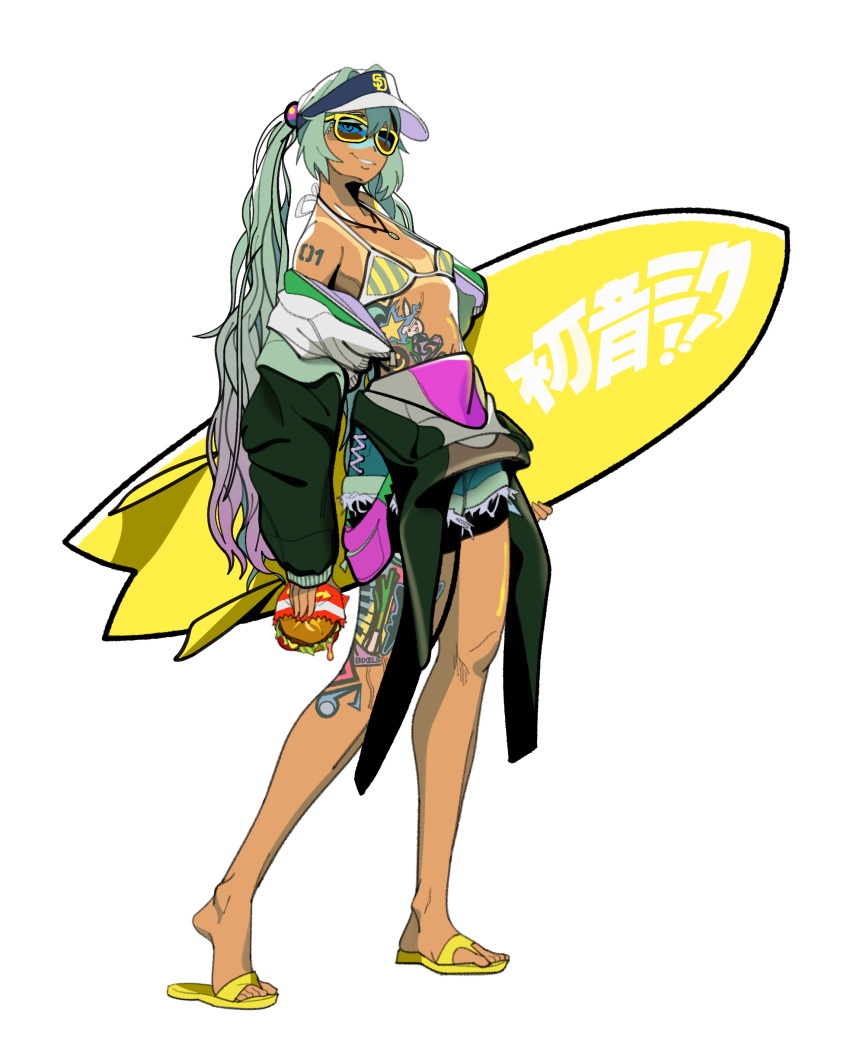 absurdres aqua_hair bikini bikini_top_only bixelswixels burger clothes_around_waist commentary_request english_commentary female food green_shorts halterneck hatsune_miku highres holding holding_burger holding_food holding_surfboard jacket jewelry leg_tattoo long_hair necklace number_tattoo open_clothes open_jacket sandals short_shorts shorts shoulder_tattoo simple_background smile solo standing stomach_tattoo striped_bikini striped_clothes sunglasses surfboard swimsuit tan tanlines tattoo vertical-striped_bikini vertical-striped_clothes visor_cap vocaloid white_background yellow-framed_eyewear yellow_footwear