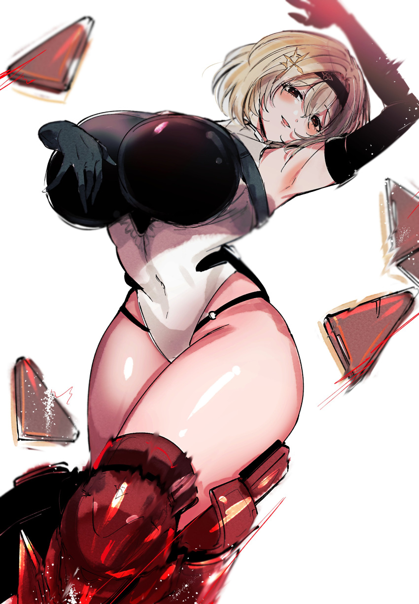 absurdres armpits black_gloves blush breasts covered_navel debris dimjh elbow_gloves female gloves goddess_of_victory:_nikke hair_between_eyes hair_ornament highleg highres knee_armor large_breasts leotard red_shoes_(nikke) shiny_skin smile solo thighs white_background