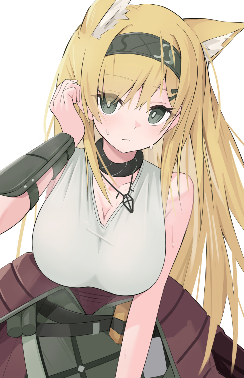 absurdres animal_ear_fluff animal_ears arknights arm_up bare_shoulders black_collar black_hairband black_jacket blonde_hair breasts cleavage collar cowboy_shot extra_ears female grey_eyes hair_ornament hairband hairclip highres horn_(arknights) jacket jewelry large_breasts long_hair looking_at_viewer necklace off_shoulder shirt solo white_shirt wolf_ears wolf_girl yuuko_(oruta)