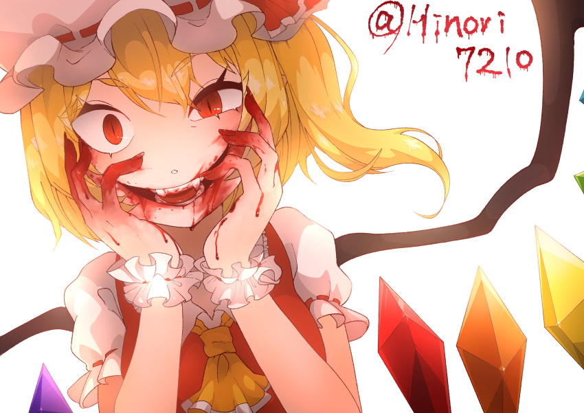 absurdres ascot blonde_hair blood blood_on_face blood_on_hands commentary_request crazy crystal evil_smile fangs female flandre_scarlet hat hat_ribbon highres hinori7210 looking_at_viewer mob_cap multicolored_wings one_side_up open_mouth puffy_short_sleeves puffy_sleeves red_eyes red_vest ribbon short_sleeves side_ponytail slit_pupils smile solo touhou twitter_username vampire vest white_hat wings wrist_cuffs yellow_ascot