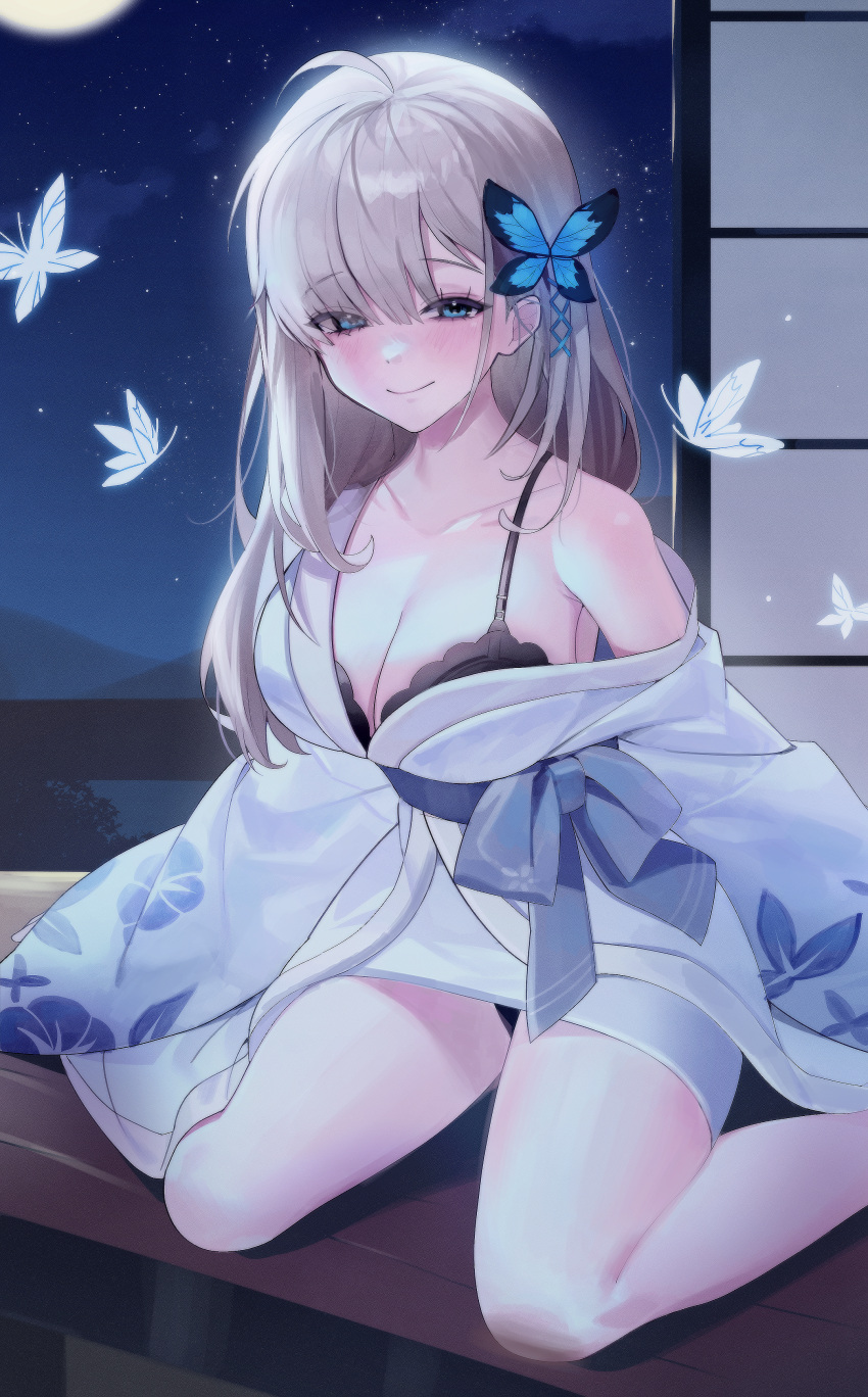 absurdres ahoge black_bra blue_butterfly blue_eyes bra breasts bug butterfly butterfly_hair_ornament closed_mouth collarbone daebol eyelashes female floral_print grey_hair hair_ornament highres kneeling long_hair moon night night_sky original robe shadow shouji sky sliding_doors solo underwear white_butterfly white_robe