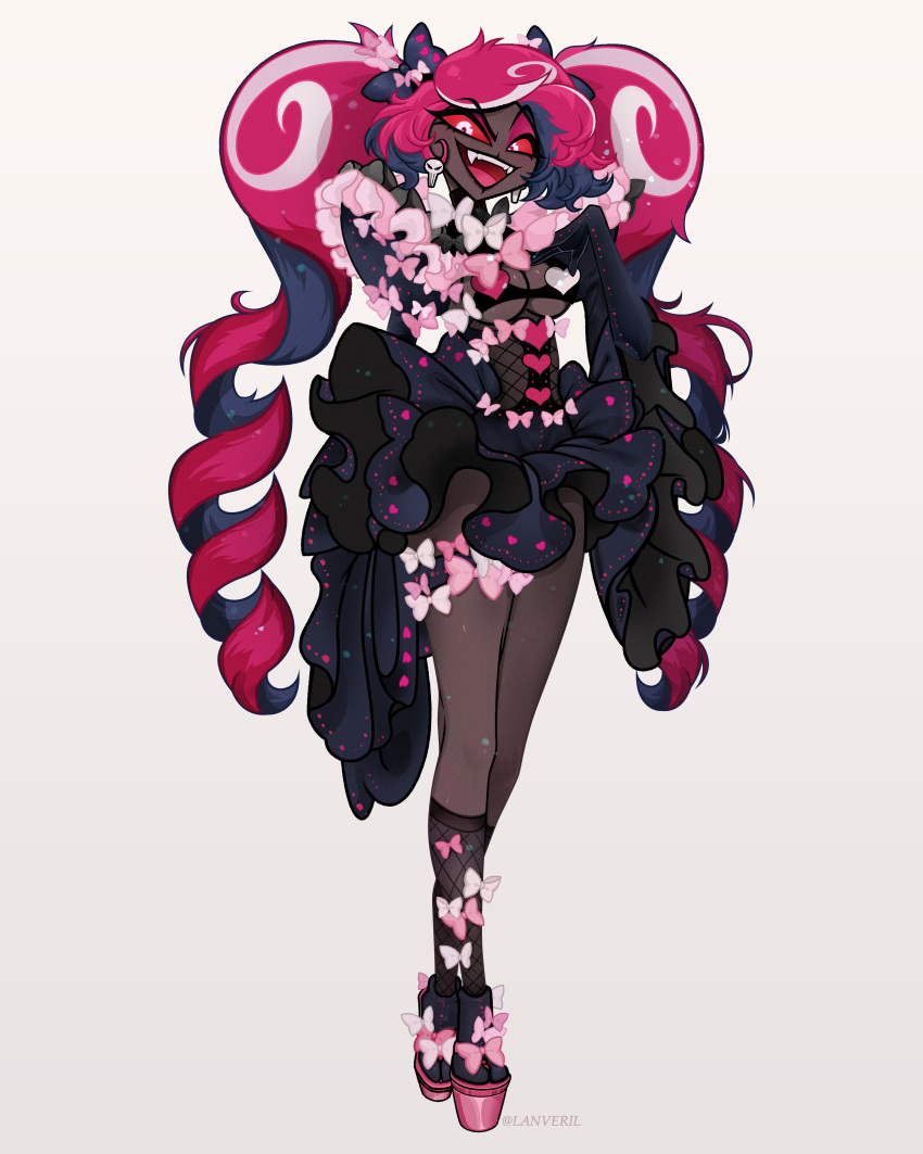 absurdres black_dress breasts butterfly_hair_ornament dark-skinned_female dark_skin dress earrings female hair_ornament hazbin_hotel high_heels highres jewelry lanveril long_hair looking_at_viewer medium_breasts pink_hair revealing_clothes slit_pupils solo twintails velvette_(hazbin_hotel)