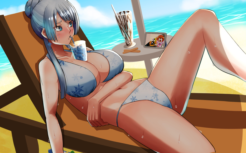 beach between_breasts bikini blue_bikini blue_eyes blue_hair blue_sky blush breasts cloud cup day disposable_cup drink drinking drinking_straw drinking_straw_in_mouth earrings female food frills gradient_hair hair_bun hand_on_own_stomach highres horizon ice_cream jewelry knee_up large_breasts light_blue_hair long_hair looking_at_screen lying mole mole_under_mouth multicolored_hair navel nijisanji object_on_breast ocean on_back oshi-ete_grandfather outdoors setsuna_(nijisanji) sky snowflake_earrings solo string_bikini sweat swimsuit table tablet_pc virtual_youtuber water white_hair