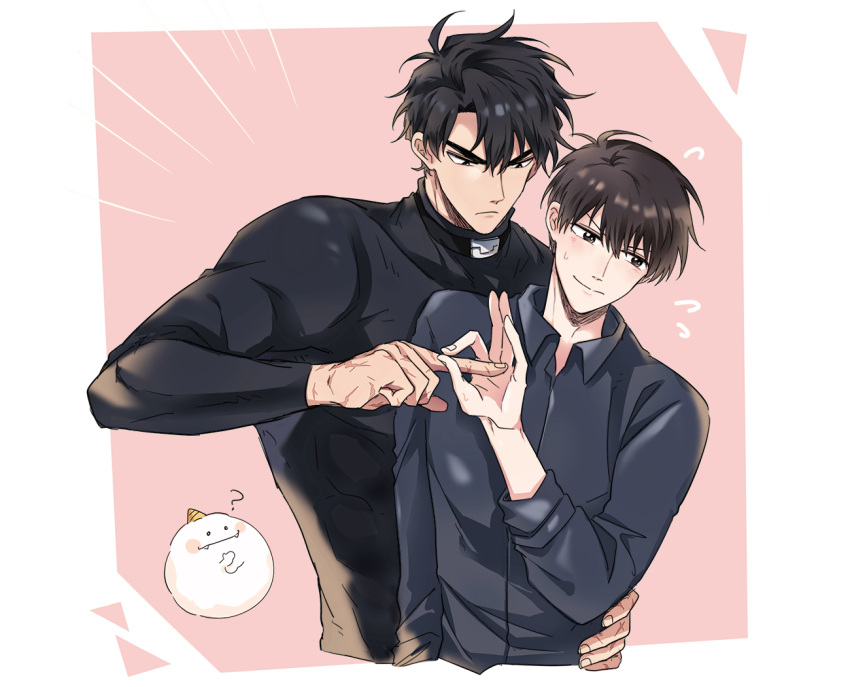 2boys ? black_eyes black_hair black_shirt chinese_commentary closed_mouth collared_shirt commentary_request cropped_torso hair_between_eyes hand_on_another's_waist kim_dokja light_smile long_sleeves male_focus multiple_boys omniscient_reader's_viewpoint penetration_gesture pink_background reiquil shirt short_hair sweatdrop two-tone_background v-shaped_eyebrows white_background yaoi yoo_joonghyuk