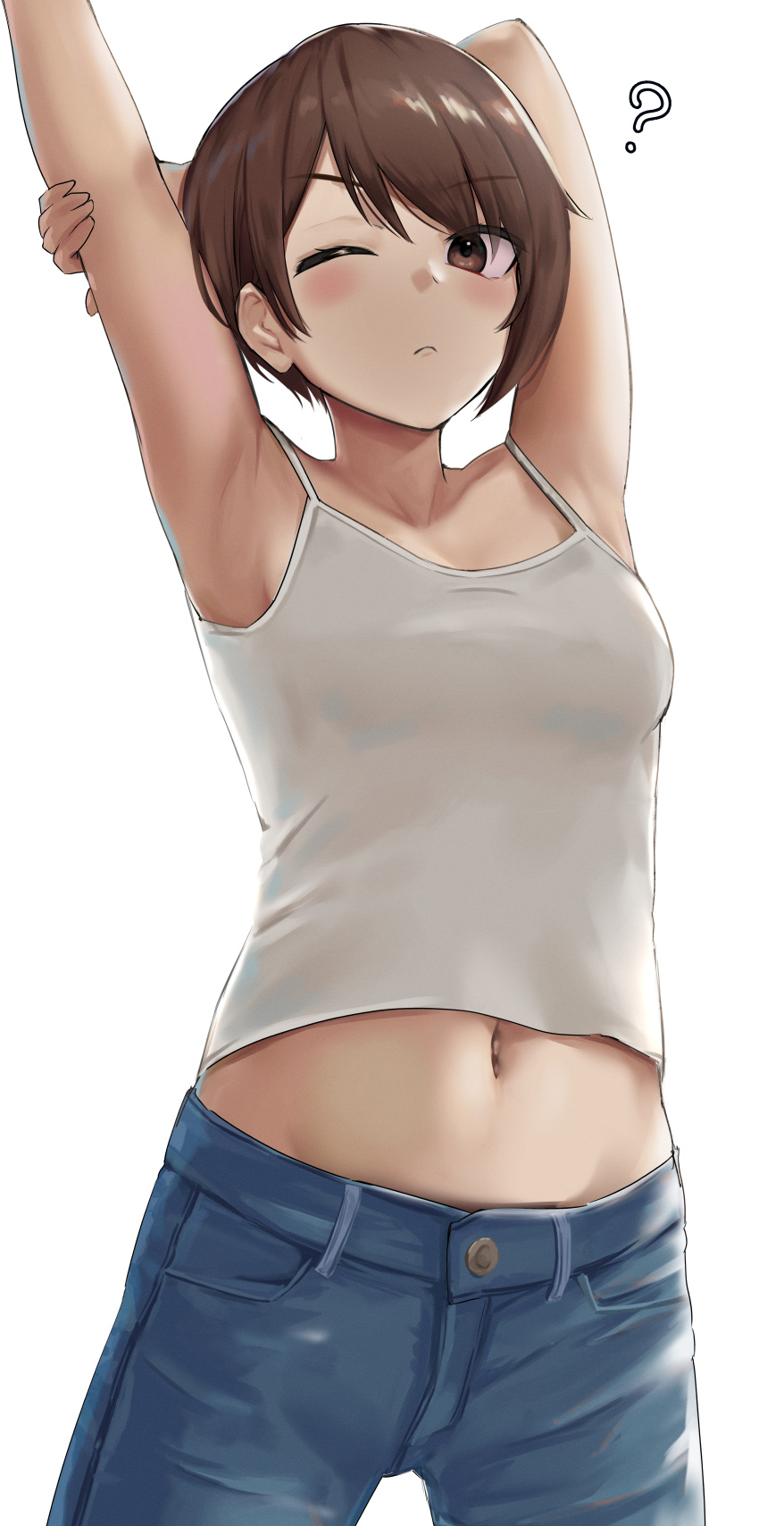 ;( ? absurdres armpits arms_up blush breasts brown_hair camisole crop_top denim female highres holding_own_arm jeans looking_at_viewer miyama_mizuki_(hoshihoshi1220) navel original pants presenting_armpit short_hair simple_background small_breasts solo stomach stretching white_background white_camisole