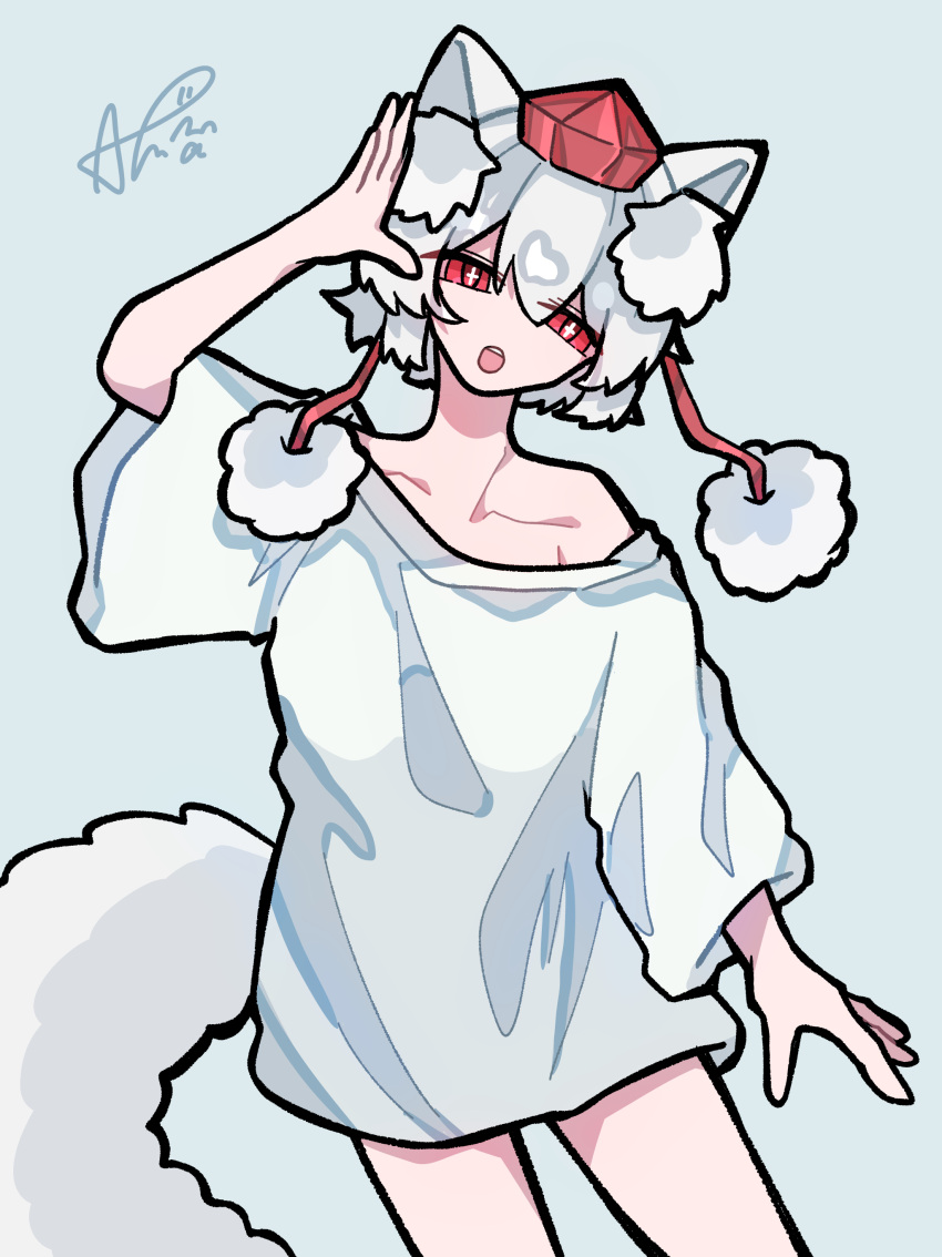 absurdres akuta_neko animal_ear_fluff animal_ears arm_up bare_shoulders commentary_request feet_out_of_frame female hair_between_eyes half-closed_eyes hand_on_own_ear hat highres inubashiri_momiji leaning_to_the_side long_shirt long_sleeves loose_clothes loose_shirt no_pants open_mouth pom_pom_(clothes) shirt short_hair signature simple_background tail tokin_hat touhou white_hair white_shirt wide_sleeves wolf_ears wolf_girl wolf_tail