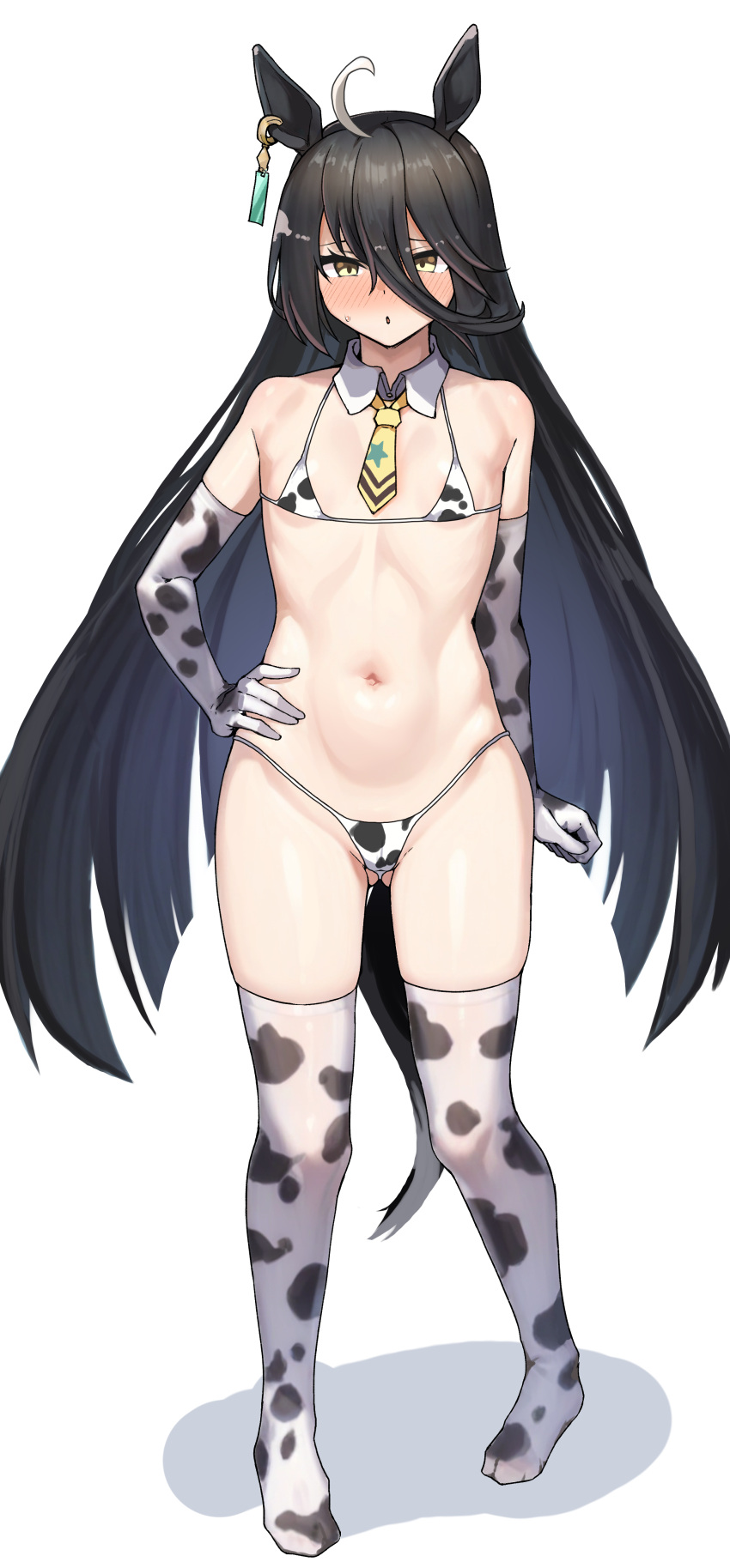 absurdres ahoge animal_ears animal_print ass_visible_through_thighs bikini black_hair commentary_request cow_print cow_print_bikini cow_print_gloves cow_print_thighhighs ear_tag elbow_gloves female flat_chest gloves hair_between_eyes highres horse_ears horse_girl horse_tail long_bangs long_hair long_hair_between_eyes manhattan_cafe_(umamusume) micro_bikini navel partial_commentary print_bikini print_gloves print_thighhighs raldest solo standing swimsuit tail thighhighs umamusume very_long_hair yellow_eyes