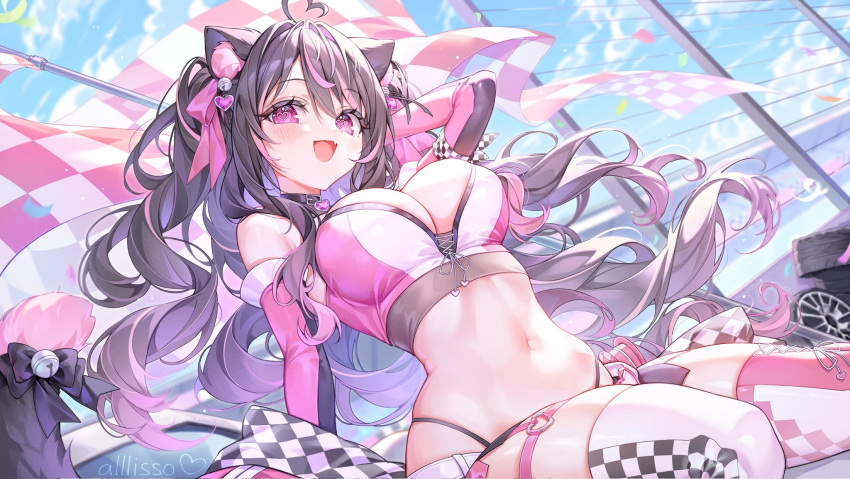 ahoge alllisso arm_behind_head artist_name bell black_bow black_hair bow breasts checkered_thighhighs cloud commentary commission crop_top english_commentary female hair_ribbon heart heart-shaped_pupils heart_ahoge heart_o-ring highres indie_virtual_youtuber long_hair midriff multicolored_hair multicolored_thighhighs navel nikkinyami_(vtuber) oerba_yun_fang open_mouth pink_eyes pink_hair pink_ribbon race_queen ribbon skin_fang sky solo streaked_hair symbol-shaped_pupils thighhighs tire virtual_youtuber white_thighhighs