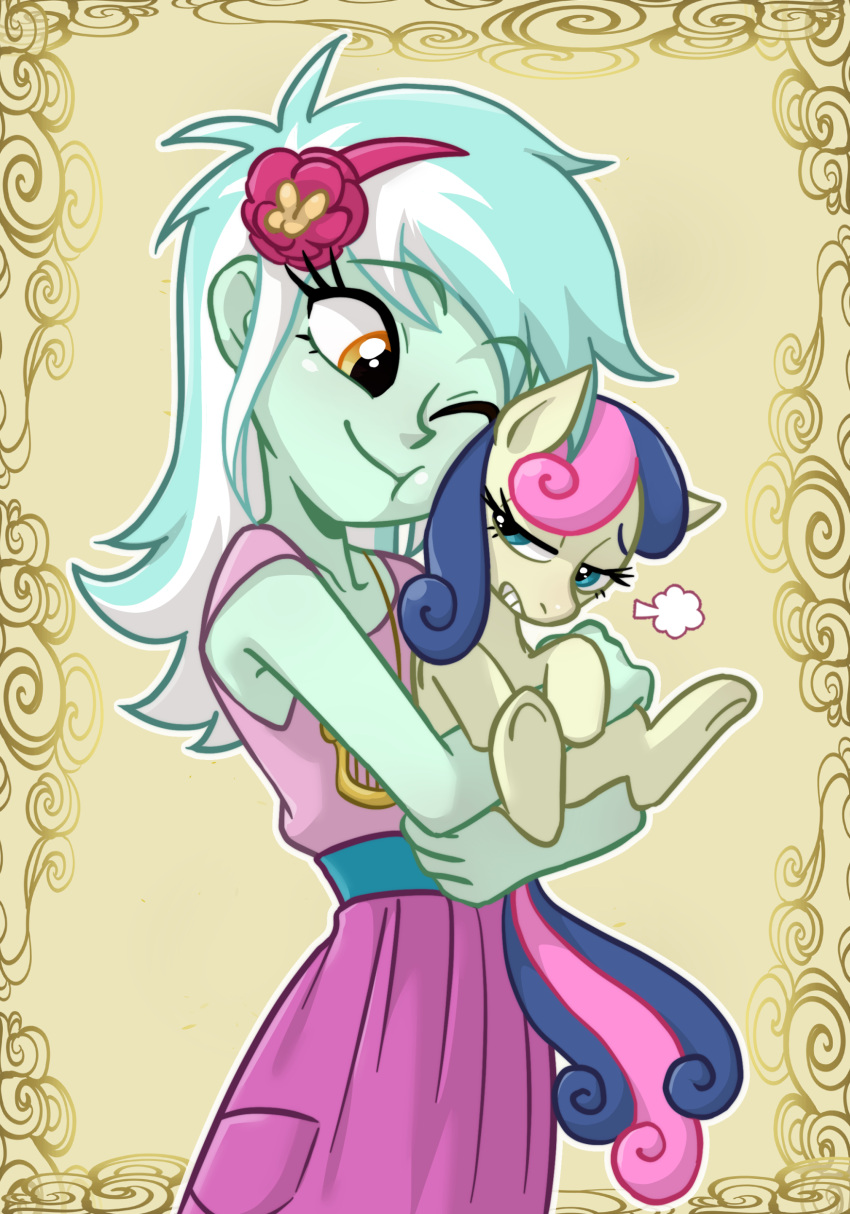 absurd_res amber_eyes blue_eyes blue_hair bonbon_(mlp) centinel303 clothing duo earth_pony equestria_girls equid equine face_squish female feral friendship_is_magic green_body green_hair hair hasbro hi_res holding_character horse human humanoid lyra_heartstrings_(eg) mammal multicolored_hair my_little_pony pony purple_hair squish two_tone_hair white_hair