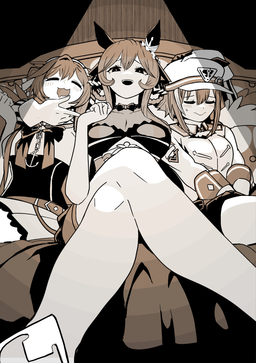 3girls absurdres anchor_ornament animal_ears bob_cut bow bowtie braid braided_hair_rings breasts cheval_grand_(umamusume) cleavage closed_eyes collarbone crossed_legs drooling ear_covers ear_ornament ears_down from_below gentildonna_(umamusume) hair_between_eyes hair_rings hat hat_belt highres horse_ears horse_girl inverted_bob long_hair looking_down multicolored_hair multiple_girls open_mouth peaked_cap petoka see-through_cleavage see-through_clothes short_hair sidelocks skirt smug streaked_hair sweatdrop umamusume v_arms vivlos_(umamusume)