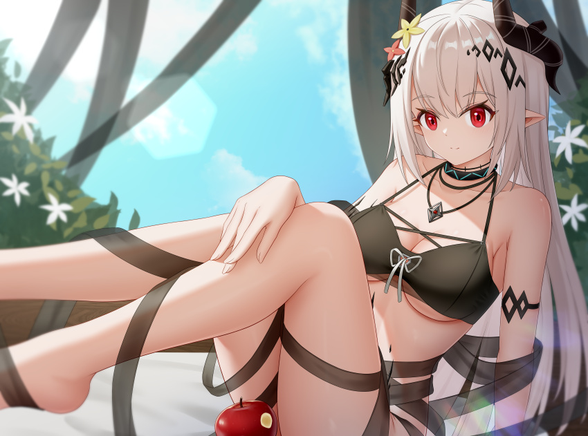 absurdres apple arknights bare_shoulders bikini bitten_apple black_bikini black_horns breasts cleavage closed_mouth feet_out_of_frame female flower food food_bite fruit grey_hair hair_flower hair_ornament highres horns infection_monitor_(arknights) jewelry long_hair looking_at_viewer material_growth mudrock_(arknights) mudrock_(silent_night)_(arknights) necklace official_alternate_costume oripathy_lesion_(arknights) pixiv_55894573 pointy_ears red_eyes sarong sitting smile solo swimsuit