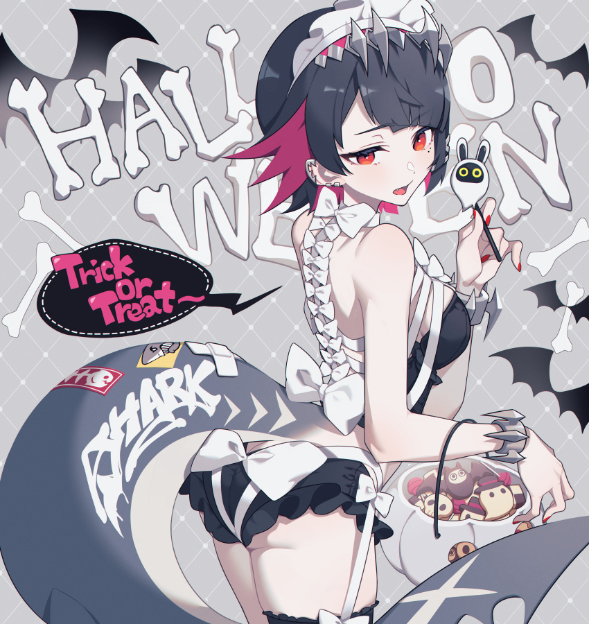 ass ass_peek black_hair blunt_bangs bone bow breasts bridal_garter camisole candy colored_inner_hair ear_piercing ellen_joe english_text expression_request female fins fish_tail food frilled_shorts frills graffiti halloween halloween_bucket happy_halloween highres holding holding_candy holding_food holding_lollipop lollipop looking_at_viewer looking_back maid maid_headdress marking_on_cheek medium_breasts metal_hairband miri_(cherryjelly) mole mole_under_eye multicolored_hair nail_polish open_mouth orange_eyes piercing pink_hair red_nails scar scar_on_tail shark_girl shark_tail short_shorts shorts solo speech_bubble spiked_headband sticker swimsuit tail thighs trick_or_treat white_bow zenless_zone_zero