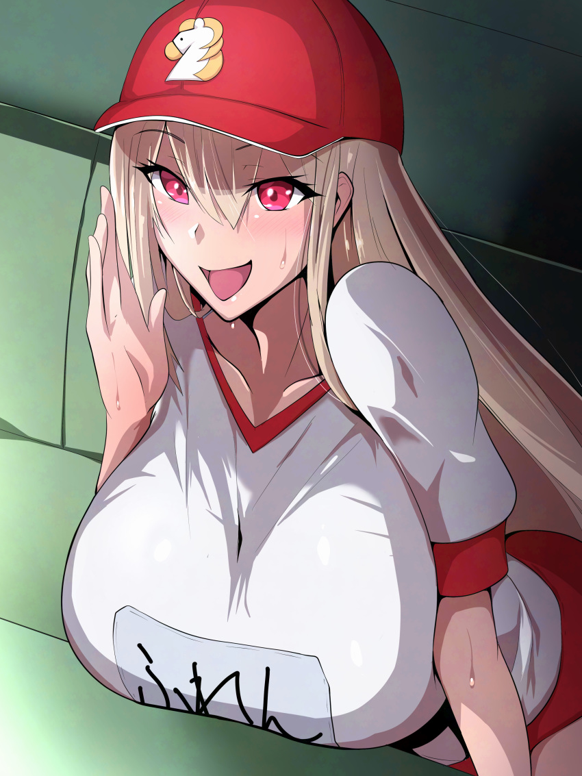 :d absurdres baseball blush breasts buruma clothes_writing female furen_e_lustario gym_shirt gym_uniform hair_between_eyes highres huge_breasts leaning_forward light_brown_hair long_hair men_teru nijisanji puffy_short_sleeves puffy_sleeves red_buruma red_eyes shirt short_sleeves smile solo sweat very_long_hair virtual_youtuber white_shirt