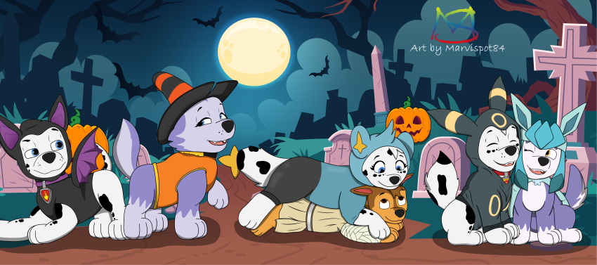 absurd_res bat_costume blue_eyes brown_body brown_eyes brown_fur canid canine canis cel_shading cemetery clothing collar costume dalmatian dalsky_(dalmatian_and_husky) daughter_(lore) domestic_dog eeveelution everest_(paw_patrol) family fan_character father_(lore) female feral food fruit fur generation_2_pokemon generation_4_pokemon glaceon grave group halloween halloween_costume hat headgear headwear herding_dog hi_res holidays husky jedi jedi_tunic male male/female mammal markings marshall_(paw_patrol) marvispot84 mother_(lore) nickelodeon night nintendo nordic_sled_dog parent_(lore) pastoral_dog paw_patrol plant pokemon pokemon_(species) pokemon_costume pumpkin purple_body purple_fur sasha_(oc) shaded sheepdog shetland_sheepdog shinx siberian_husky son_(lore) spitz spots spots_(oc_marvispot84) spotted_body spotted_fur star_wars stormie_(marvispot84) umbreon white_body white_fur witch_costume witch_hat