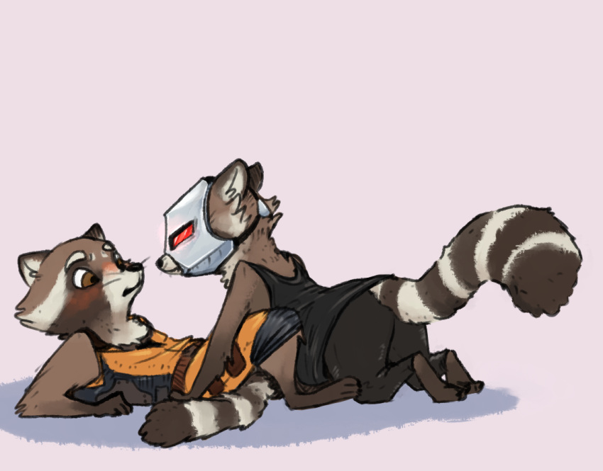 2018 anthro blush clothed clothing duo eye_contact fan_character female flirting guardians_of_the_galaxy hybrid looking_at_another looming machine male mammal marvel mask nobby_(artist) procyonid raccoon robot robot_anthro rocket_raccoon simple_background straddling surprise tension