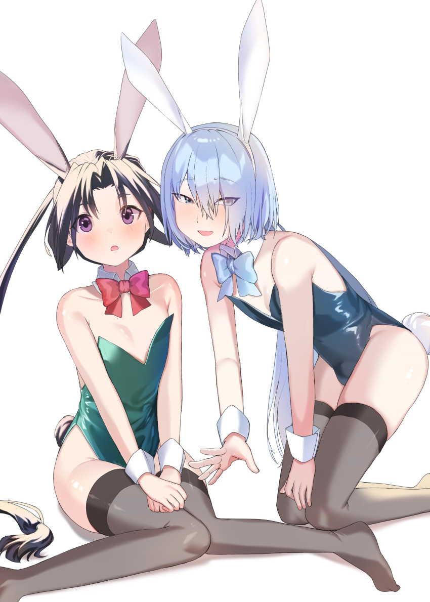 2boys :d animal_ear_hairband animal_ears black_hair black_thighhighs blue_bow blue_bowtie blue_eyes blue_hair blue_leotard blush bow bowtie bulge collarbone crossdressing curtained_hair detached_collar fake_animal_ears fake_tail feet_out_of_frame fubuki_(nige_jouzu_no_wakagimi) green_leotard groin hair_between_eyes hair_over_one_eye hairband hand_on_own_thigh hands_on_lap highleg highleg_leotard highres houjou_tokiyuki_(nige_jouzu_no_wakagimi) kneeling knees_together_feet_apart latex latex_leotard leotard light_blue_hair long_hair looking_at_viewer low-tied_long_hair low_ponytail male_focus male_playboy_bunny multiple_boys nige_jouzu_no_wakagimi no_shoes open_mouth otoko_no_ko parted_bangs pectoral_cleavage pectorals playboy_bunny pome_56 ponytail purple_eyes rabbit_ears rabbit_tail raised_eyebrows reaching red_bow red_bowtie see-through_clothes see-through_legwear sidelocks_tied_back simple_background sitting smile strapless strapless_leotard tail tareme thighhighs very_long_hair wariza white_background white_wrist_cuffs wide-eyed wolf_cut wrist_cuffs