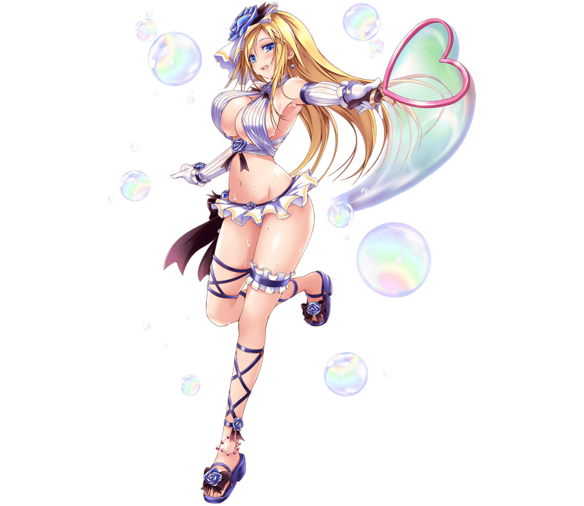 armpits bikini blonde_hair blue_eyes blue_flower blue_rose breasts bubble bubble_wand caladbolg_(phantom_of_the_kill) cross-laced_footwear detached_sleeves earrings female flower frilled_bikini frills full_body groin hair_flower hair_ornament heart highres jewelry large_breasts legband long_hair looking_at_viewer navel official_alternate_costume official_art phantom_of_the_kill rose sandals shore simple_background smile solo swimsuit third-party_source transparent_background wet