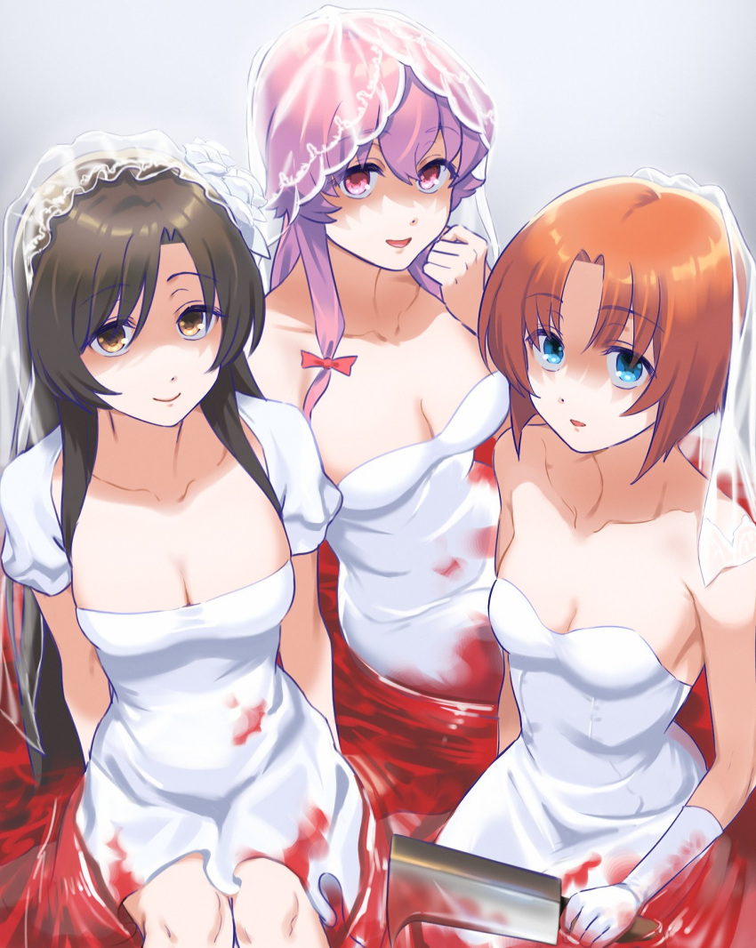 3girls bare_shoulders blood blood_on_clothes blue_eyes breasts bridal_veil brown_eyes brown_hair cleaver closed_mouth collarbone crossover dress gasai_yuno gloves hair_between_eyes hair_ribbon highres higurashi_no_naku_koro_ni katsura_kotonoha long_hair looking_at_viewer medium_breasts mirai_nikki multiple_girls orange_hair parted_bangs parted_lips pink_eyes pink_hair pool_of_blood puffy_short_sleeves puffy_sleeves qopqop red_ribbon ribbon ryuuguu_rena school_days shaded_face short_dress short_hair short_sleeves sitting smile strapless strapless_dress trait_connection veil very_long_hair wedding_dress white_dress white_gloves yandere yokozuwari