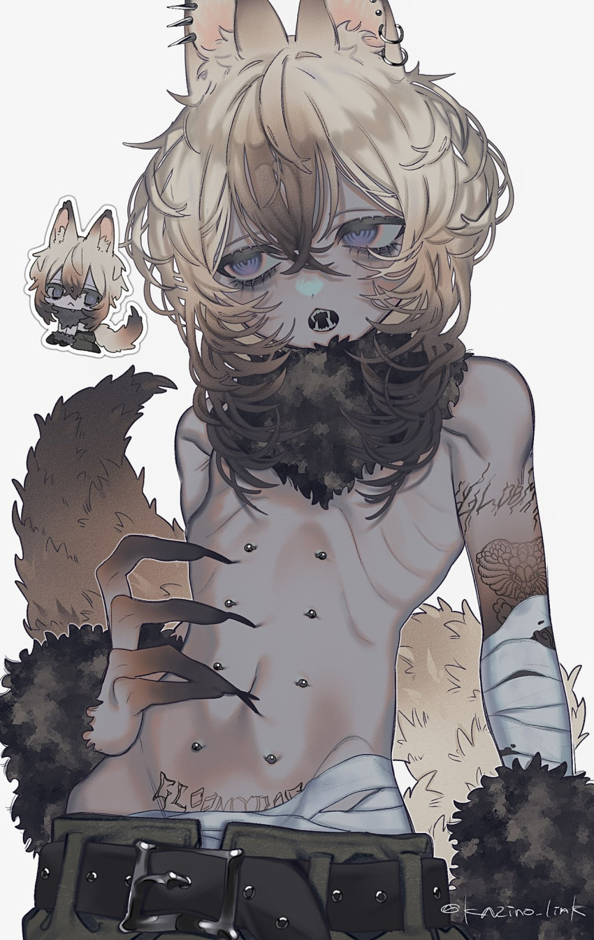 1boy animal_ears arm_tattoo bandaged_arm bandages blonde_hair brown_hair cat_boy cat_ears cat_tail colored_extremities commentary_request ear_piercing emaciated fangs fingernails gradient_hair grey_background highres kajino long_fingernails long_fingers long_hair male_focus monster_boy multicolored_hair neck_fur original piercing pubic_tattoo purple_eyes ringed_eyes sharp_fingernails simple_background stomach_piercing tail tattoo topless_male upper_body