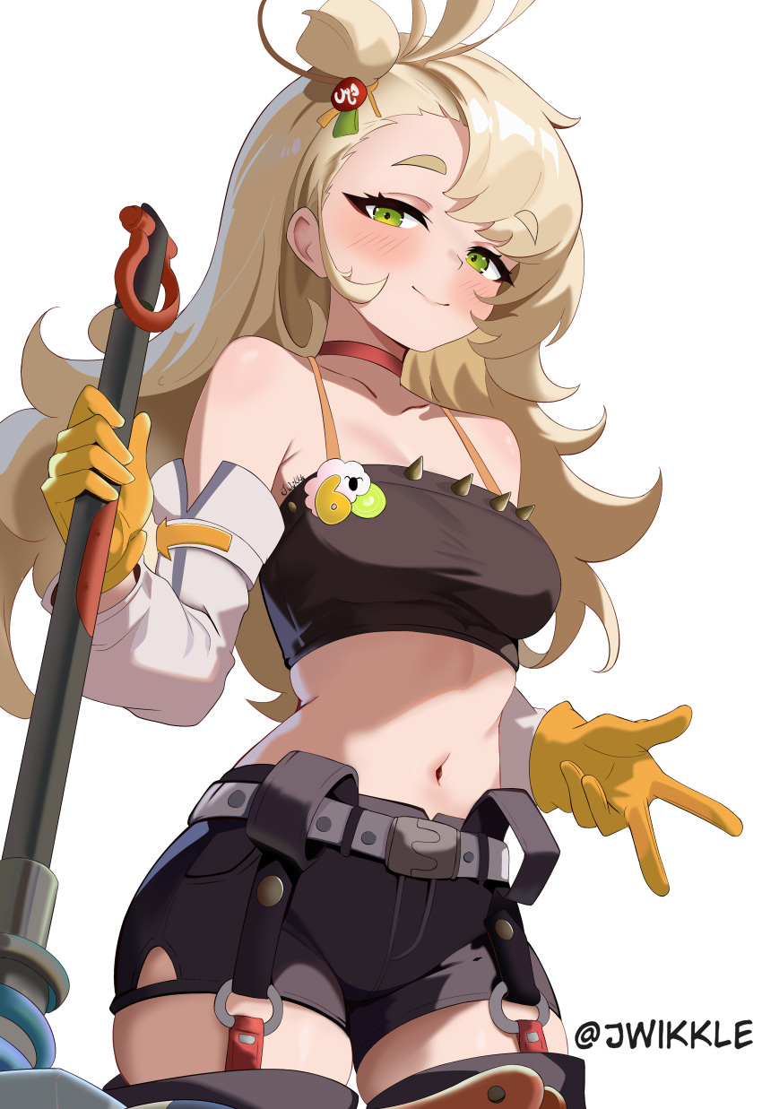 absurdres bare_shoulders blonde_hair blush breasts choker cleavage closed_mouth detached_pants detached_sleeves female gloves green_eyes hair_bun highres holding holding_weapon jhonwikkle linea_alba long_hair looking_at_viewer navel piper_wheel red_choker simple_background small_breasts smile solo stomach thick_eyebrows twitter_username w weapon white_background yellow_gloves zenless_zone_zero