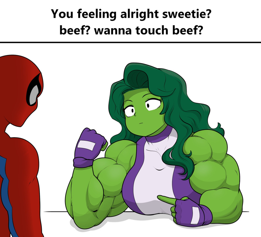 1boy bicep_curl biceps bodysuit chibi colored_skin english_text female fingerless_gloves flexing frown gloves green_hair green_skin highres leotard marvel matchstickman muscular muscular_female pointing pointing_at_self she-hulk spider-man white_background