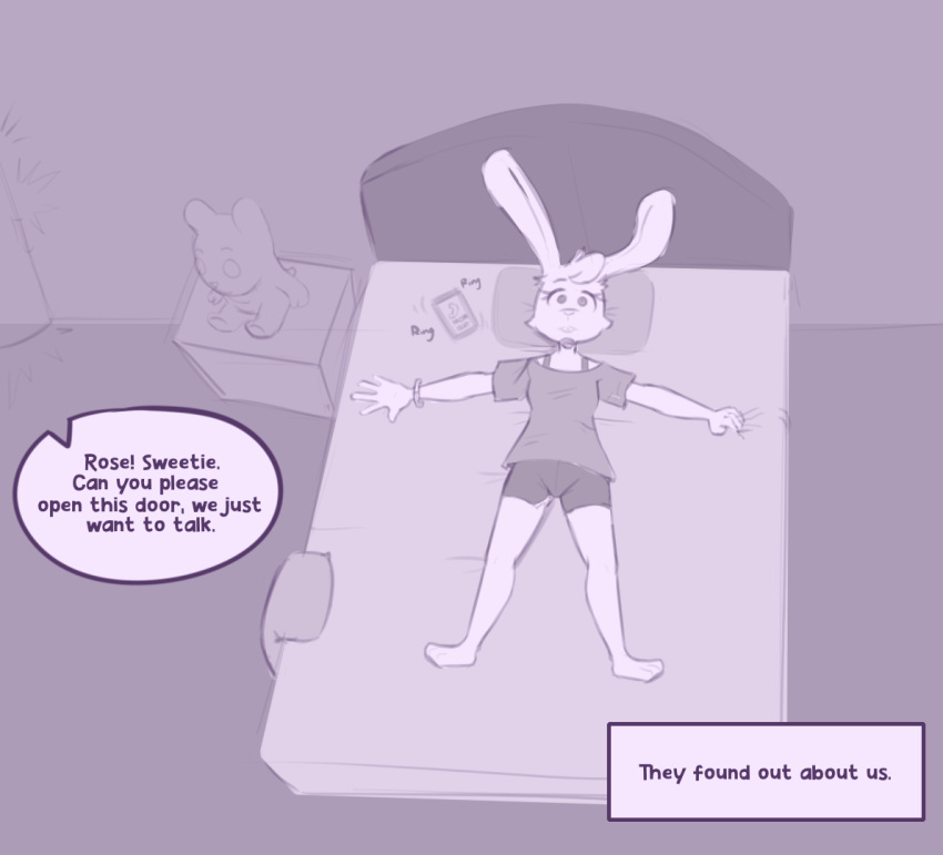 agidyne anthro bed bottomwear clothing dialogue english_text female furniture grabbing_sheets hotpants lagomorph lying mammal monochrome offscreen_character on_back plushie purple_and_white ringing_phone rose_(agidyne) shorts shoulder_strap shoulderless_shirt solo text wristband