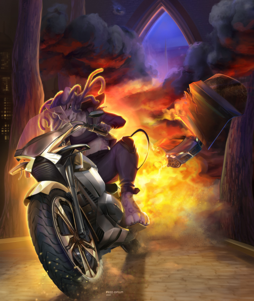 absurd_res anthro archway bridge car city destruction domestic_cat dreadlocks driving escaping explosion felid feline felis female fire free-opium hi_res legend_of_ahya leopard mammal motorcycle natalia_ruyemov_(darkflamewolf) night pantherine pillar rock smoke snow_leopard solo sunset vehicle vehicle_destruction wreckage