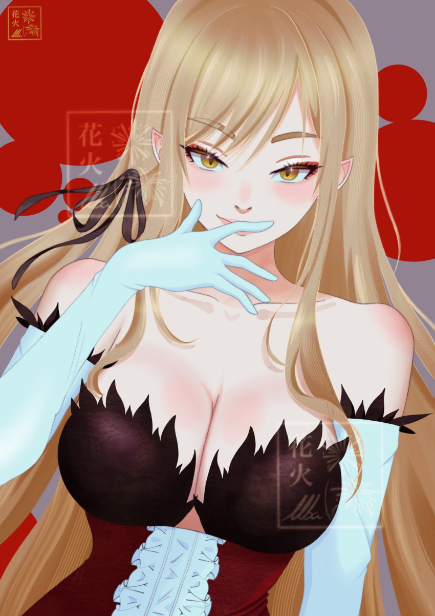 bakemonogatari bare_shoulders blonde_hair breasts cleavage closed_mouth collarbone commentary eyelashes female grey_background hanabi_(albipink) highres kiss-shot_acerola-orion_heart-under-blade large_breasts long_hair looking_at_viewer monogatari_(series) oshino_shinobu pink_lips smile solo upper_body watermark white_sleeves yellow_eyes