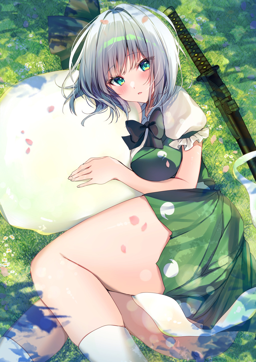 absurdres between_legs black_bow blue_eyes blush bow breasts female ghost green_eyes green_skirt green_vest grey_hair hairband hat highres hitodama hitodama_print katana konpaku_youmu large_breasts looking_at_viewer lying medium_hair nenobi_(nenorium) on_grass on_side open_mouth outdoors shirt short_sleeves skirt skirt_set socks solo sword touhou vest weapon white_shirt white_socks