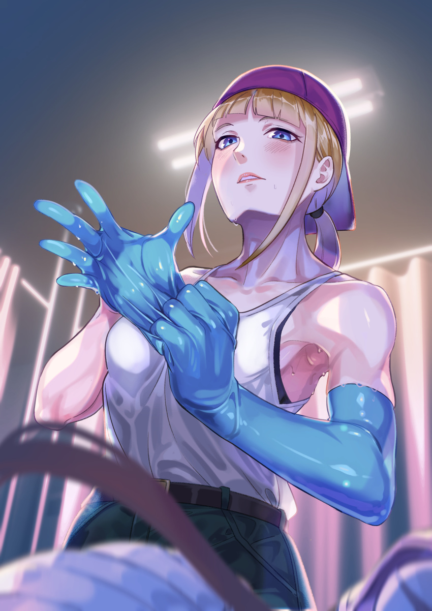 absurdres armpits backwards_hat baseball_cap belt blonde_hair blue_eyes blue_gloves blunt_bangs blurry blurry_background collarbone commentary_request commission curtains doushi_tatsu_to_dekkai_no elbow_gloves female fluorescent_lamp from_below gloves hat highres horse_tail indoors low_ponytail pixiv_commission putting_on_gloves rubber_gloves shirt sidelocks sleeveless special_week's_adoptive_mom special_week_(umamusume) tail tank_top umamusume white_shirt