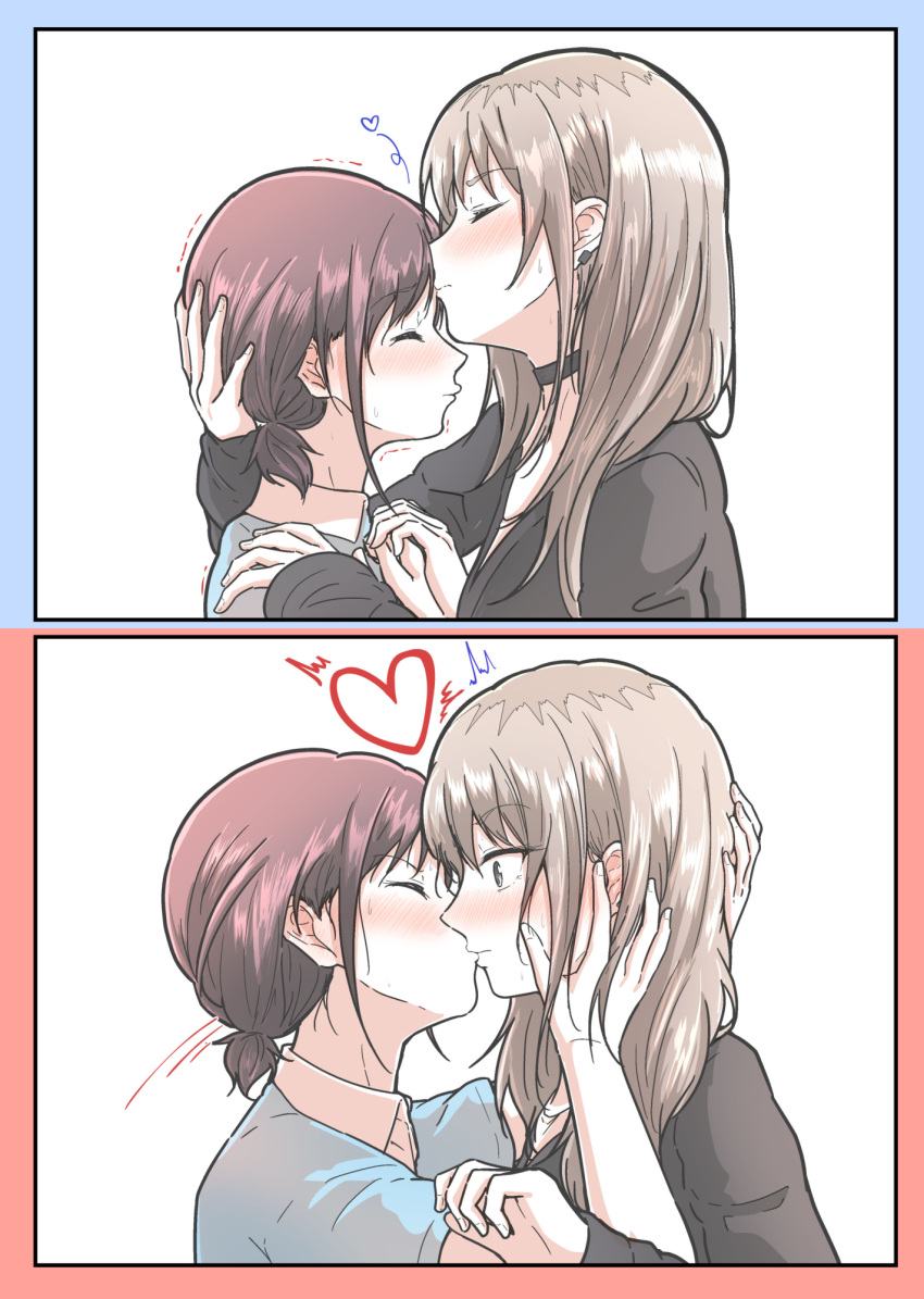 2girls 5tb black_choker black_sweater blue_shirt blush choker closed_eyes closed_mouth commentary_request girls_band_cry grey_eyes grey_hair hand_on_another's_face hand_on_another's_head hand_on_another's_shoulder heart highres iseri_nina kawaragi_momoka kissing long_hair long_sleeves looking_at_another multicolored_hair multiple_girls red_hair roots_(hair) shirt short_sleeves short_twintails sweater twintails white_background yuri