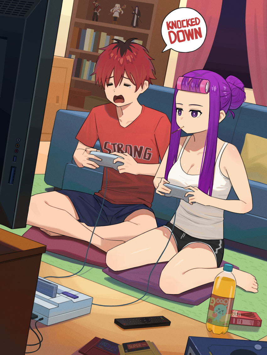 1boy =_= absurdres alternate_costume alternate_hairstyle bare_legs barefoot black_hair black_shorts bookshelf bottle breasts cleavage commentary_request contemporary controller drink fatzhai female fern_(sousou_no_frieren) figure frieren game_console game_controller hair_bun hair_rollers highres holding holding_controller holding_game_controller indian_style indoors large_breasts mouth_hold multicolored_hair playing_games purple_hair qoo_(character) red_hair red_shirt remote_control roots_(hair) shirt short_shorts shorts sidelocks single_hair_bun sitting sousou_no_frieren stark_(sousou_no_frieren) super_famicom super_famicom_cartridge super_famicom_gamepad tank_top tears toes wariza white_tank_top