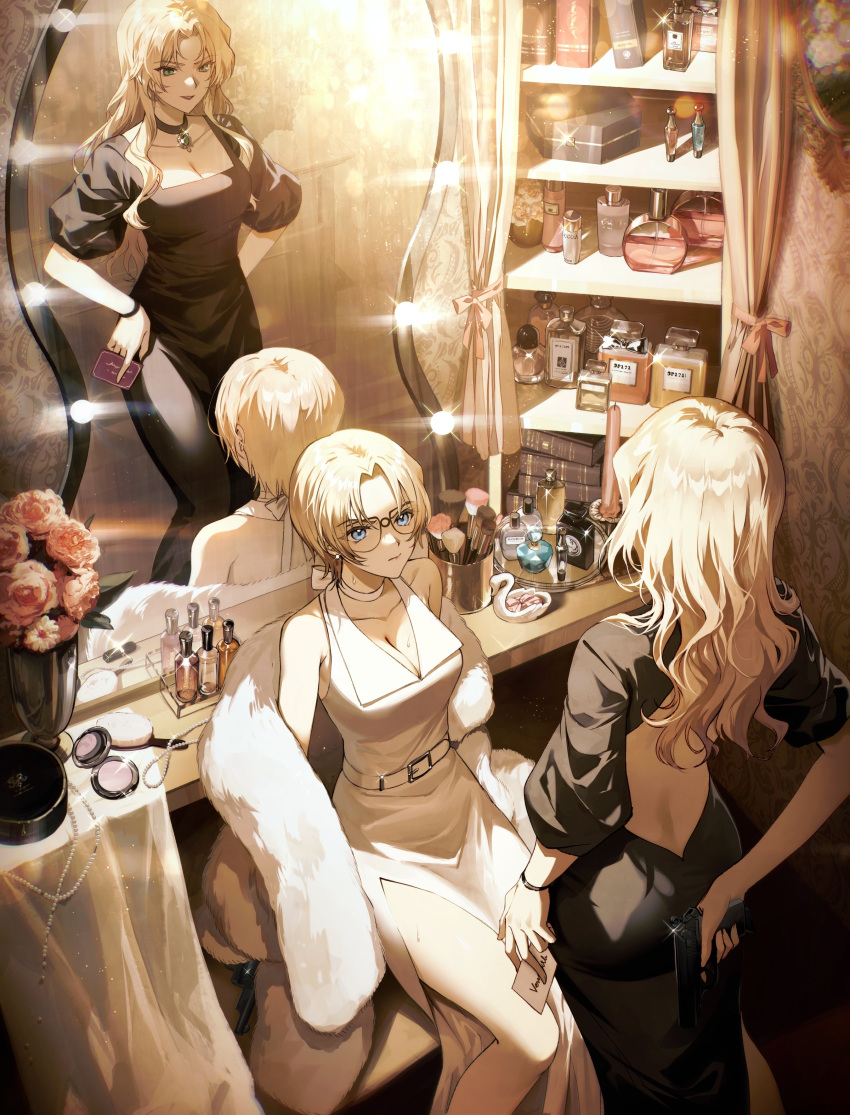 2girls absurdres arm_behind_back belt black-framed_eyewear black_dress blonde_hair breasts card cleavage dress feather_boa from_behind glasses gun highres holding holding_card holding_gun holding_weapon indoors jodie_starling kuga_huna long_hair looking_at_another meitantei_conan mirror multiple_girls parted_lips reflection short_hair short_sleeves sleeveless sleeveless_dress smile sweat vermouth_(meitantei_conan) weapon white_belt white_dress