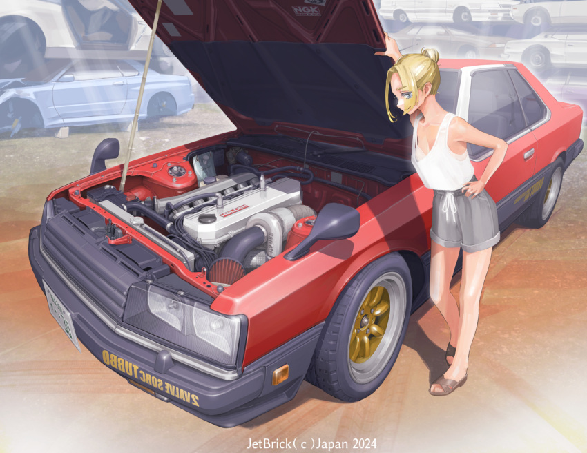 2024 arm_up artist_name blonde_hair breasts car cleavage closed_mouth commentary_request engine female grey_shorts hair_bun hand_on_own_hip jettoburikku license_plate motor_vehicle nissan nissan_skyline open_car_hood original red_car shorts single_hair_bun sleeveless smile solo standing tank_top vehicle_focus vehicle_request watermark white_tank_top