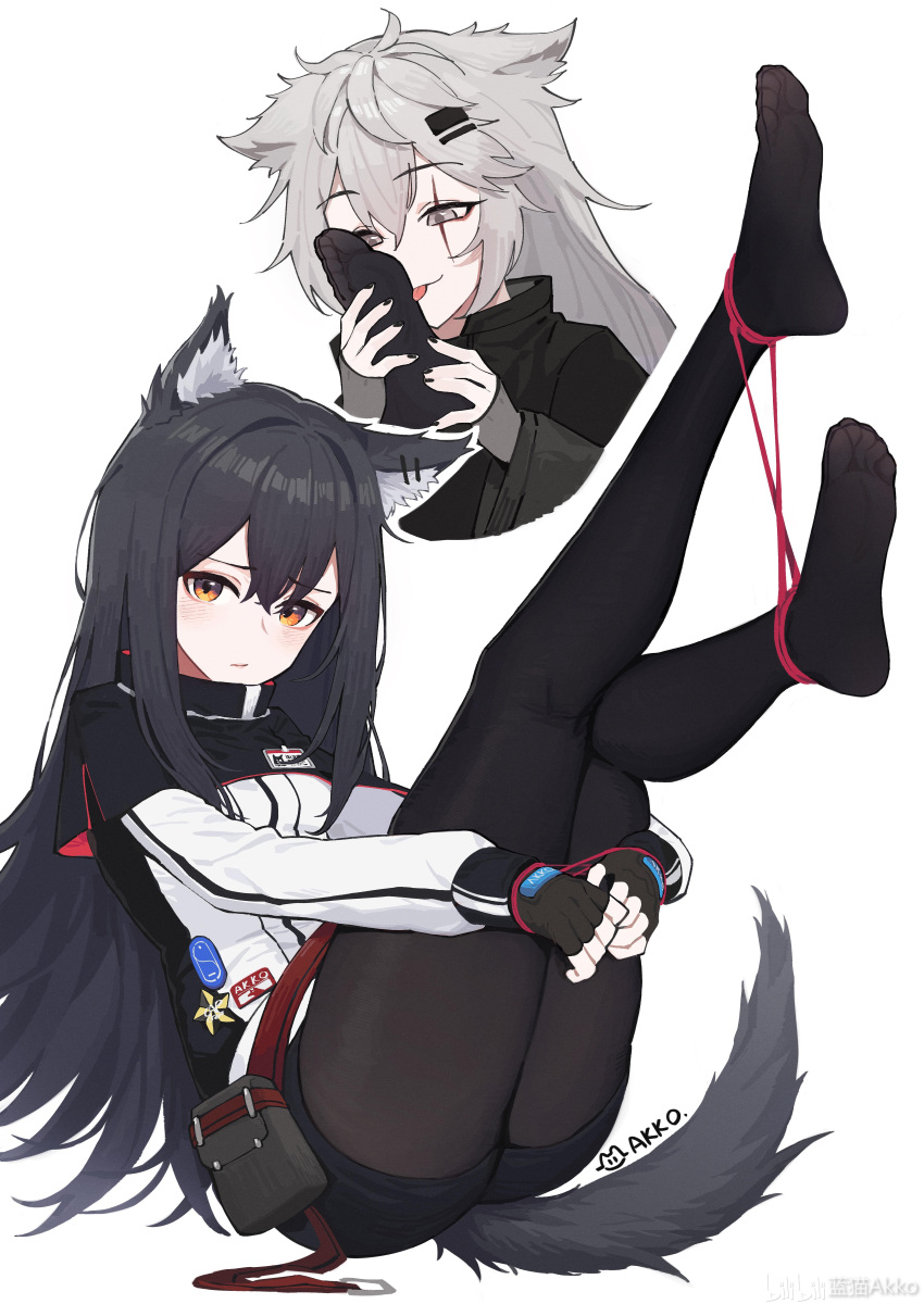 2girls absurdres animal_ear_fluff animal_ear_piercing animal_ears arknights ass black_capelet black_gloves black_hair black_pantyhose black_shorts black_tail blush bondage bondage bound capelet chinese_commentary closed_mouth commentary_request feet fingerless_gloves gloves grey_eyes grey_hair hair_between_eyes high_collar highres jacket lan_mao_akko lappland_(arknights) licking licking_foot long_hair long_sleeves looking_at_viewer mixed-language_commentary multiple_girls pantyhose pouch scar scar_across_eye shorts simple_background soles tail texas_(arknights) toes tongue tongue_out white_background white_jacket wolf_ears wolf_girl wolf_tail yellow_eyes yuri