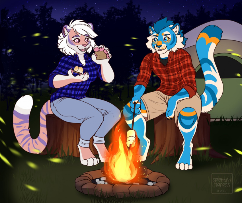 2019 anthro blue_body blue_eyes blue_fur blue_hair campfire candy clothed clothing dated dessert duo eye_contact felid female food fur grass hair looking_at_another male mammal markings marshmallow night open_mouth open_smile outside pink_body pink_eyes pink_fur plant purple_markings sitting smile tiggybloom tree white_body white_fur white_hair yellow_markings