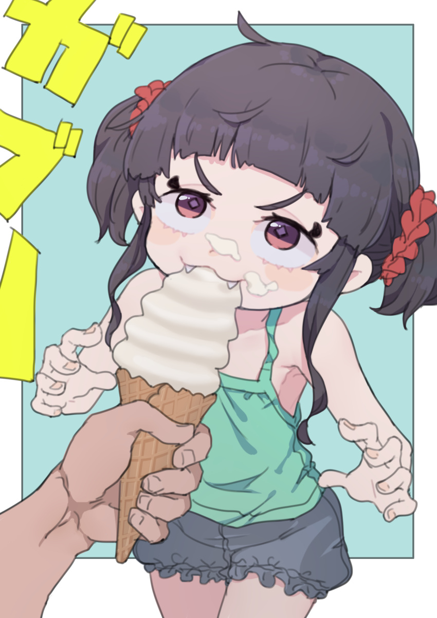 1boy absurdres black_shorts border camisole diamond-shaped_pupils diamond_(shape) fangs feeding female flat_chest food food_on_face green_camisole hair_ornament hair_scrunchie highres ice_cream ice_cream_cone lolicon original outside_border purple_eyes red_scrunchie rosia_san scrunchie shorts sidelocks solo_focus symbol-shaped_pupils twintails v-shaped_eyebrows white_border