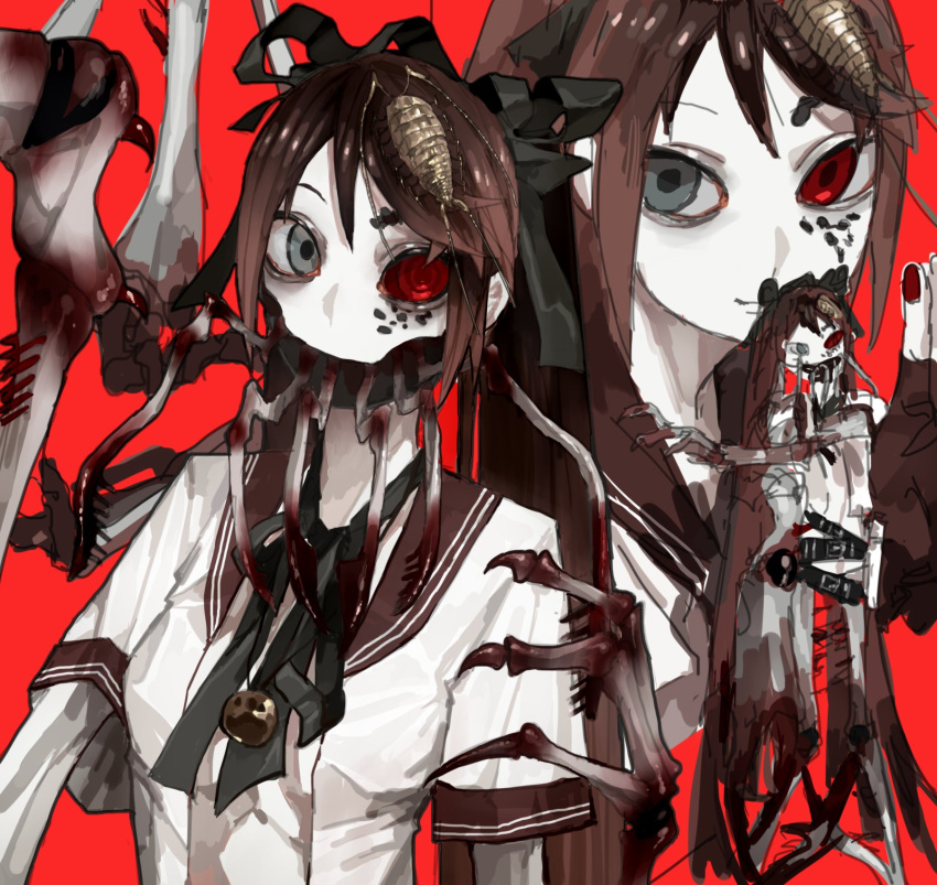 animal_on_head bell belt black_belt blood blue_eyes brown_hair ca_(maeda_koutarou) colored_skin female heterochromia highres isopod mandibles on_head red_background red_eyes red_hair red_nails shirt simple_background skeletal_arm smile solo white_shirt white_skin wuwuren