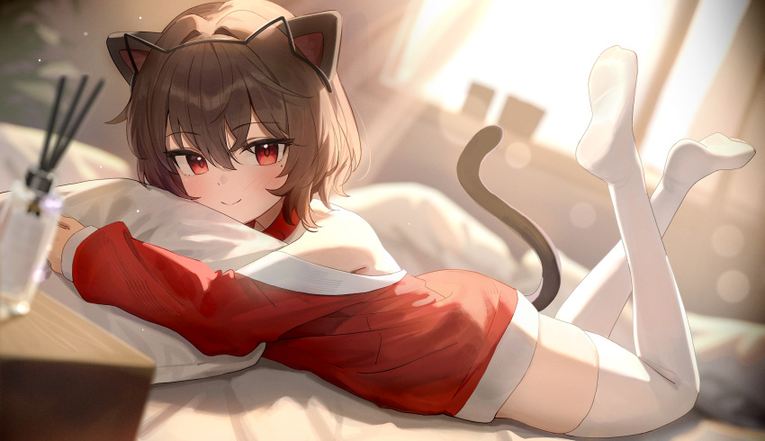 animal_ears bare_shoulders blurry brown_hair cat_ears cat_girl cat_tail closed_mouth collar commission depth_of_field female hairband highres hugging_object jacket legs_up long_sleeves looking_at_viewer lying minn_(kangjm1107) mole mole_under_eye off_shoulder on_stomach original pillow pillow_hug prunechi red_collar red_eyes red_jacket second-party_source short_hair smile solo tail the_pose thighhighs thighs white_thighhighs